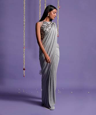 Silver Grey Lycra Drape Saree With Halter Neck Blouse 2