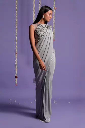 Silver Grey Lycra Drape Saree With Halter Neck Blouse