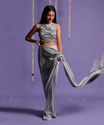 Silver Grey Lycra Drape Saree With Halter Neck Blouse 3