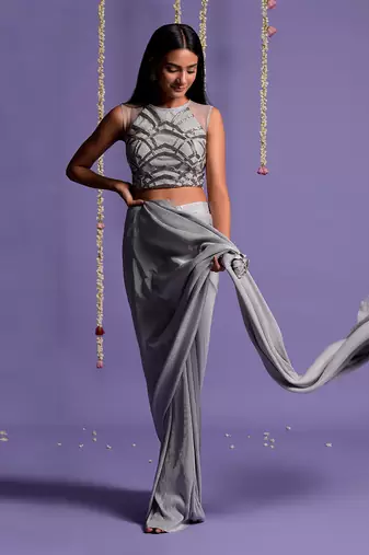 Silver Grey Lycra Drape Saree With Halter Neck Blouse