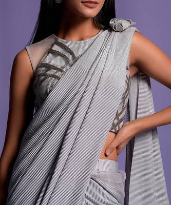 Silver Grey Lycra Drape Saree With Halter Neck Blouse 4
