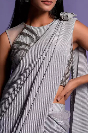 Silver Grey Lycra Drape Saree With Halter Neck Blouse