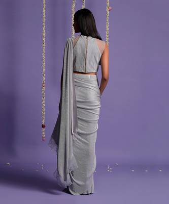 Silver Grey Lycra Drape Saree With Halter Neck Blouse 6