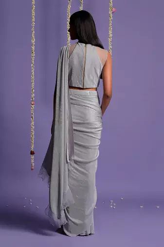 Silver Grey Lycra Drape Saree With Halter Neck Blouse