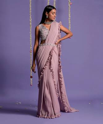 Onion Pink Side Frill Draped Saree With Embroidered Crop Top & Belt 1