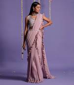 Onion Pink Side Frill Draped Saree With Embroidered Crop Top & Belt