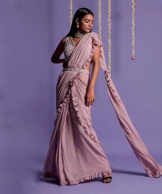 Onion Pink Side Frill Draped Saree With Embroidered Crop Top & Belt 2