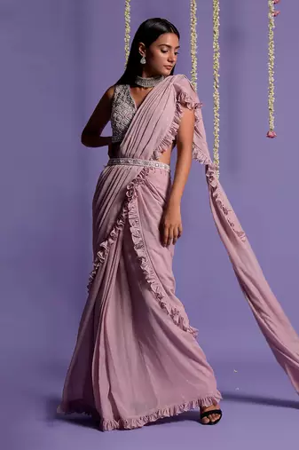 Onion Pink Side Frill Draped Saree With Embroidered Crop Top & Belt