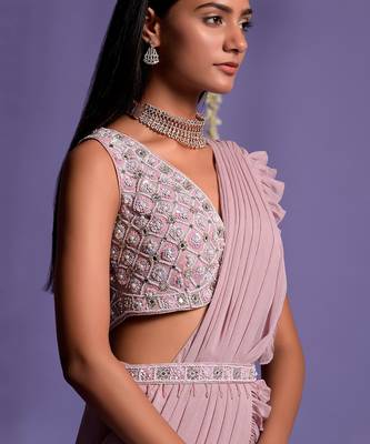 Onion Pink Side Frill Draped Saree With Embroidered Crop Top & Belt 3