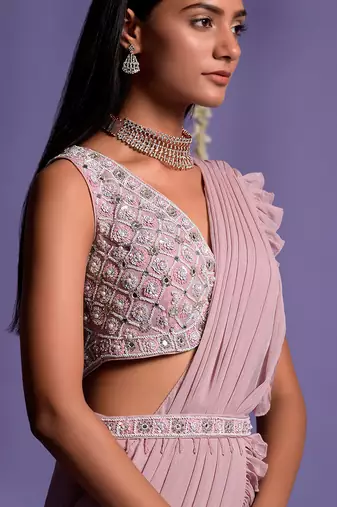 Onion Pink Side Frill Draped Saree With Embroidered Crop Top & Belt