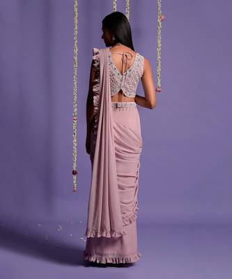 Onion Pink Side Frill Draped Saree With Embroidered Crop Top & Belt 4