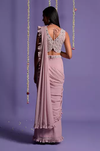 Onion Pink Side Frill Draped Saree With Embroidered Crop Top & Belt