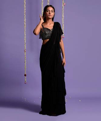 Black Ruffle Saree With Sequin Shimmer Blouse 3