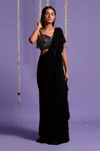 Black Ruffle Saree With Sequin Shimmer Blouse