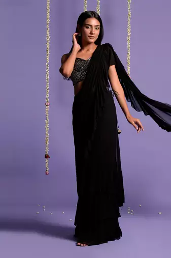 Black Ruffle Saree With Sequin Shimmer Blouse