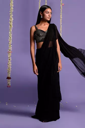 Black Ruffle Saree With Sequin Shimmer Blouse