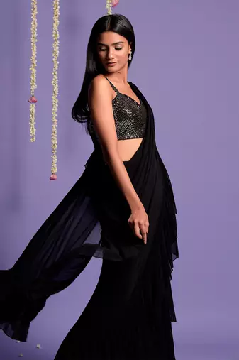 Black Ruffle Saree With Sequin Shimmer Blouse