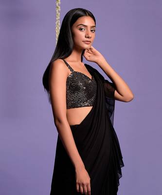 Black Ruffle Saree With Sequin Shimmer Blouse 8