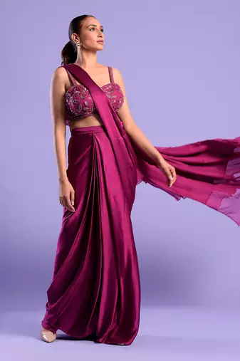 Purple Draped Saree With Cutdana And Sequence Work