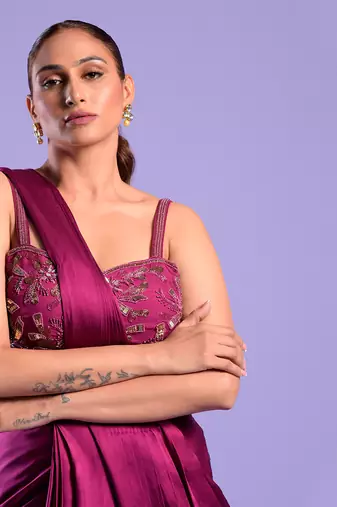 Purple Draped Saree With Cutdana And Sequence Work