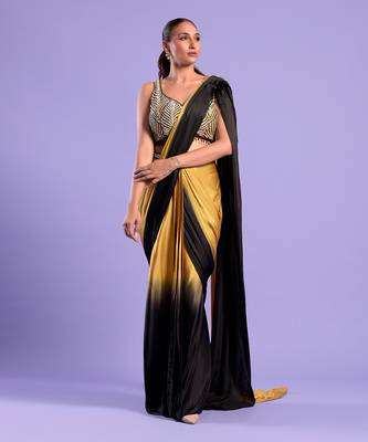 Yellow Ombre Draped Saree With Sequence Work 1