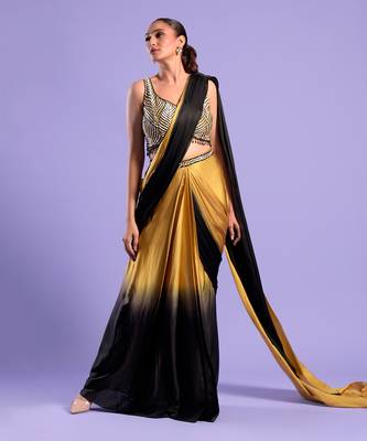 Yellow Ombre Draped Saree With Sequence Work 2