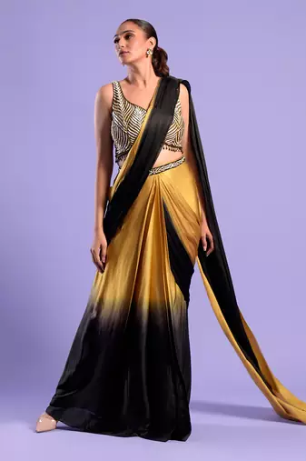 Yellow Ombre Draped Saree With Sequence Work