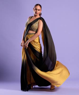 Yellow Ombre Draped Saree With Sequence Work 3