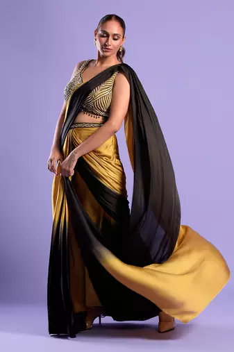 Yellow Ombre Draped Saree With Sequence Work
