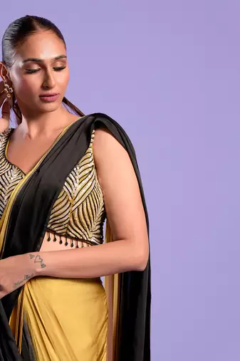 Yellow Ombre Draped Saree With Sequence Work