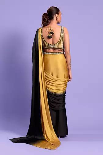 Yellow Ombre Draped Saree With Sequence Work