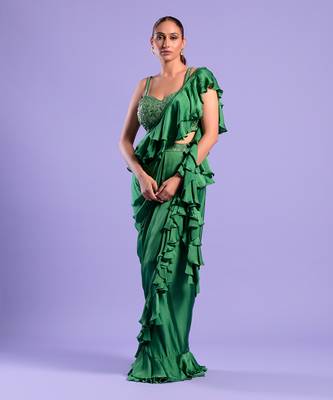 Green Draped Saree With Cutdana And Sequence Work 1