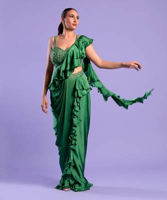 Green Draped Saree With Cutdana And Sequence Work 2