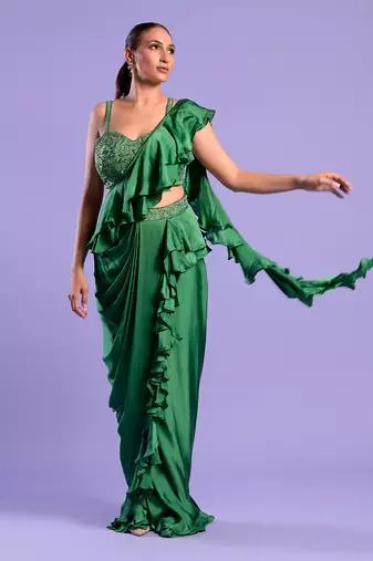 Green Draped Saree With Cutdana And Sequence Work