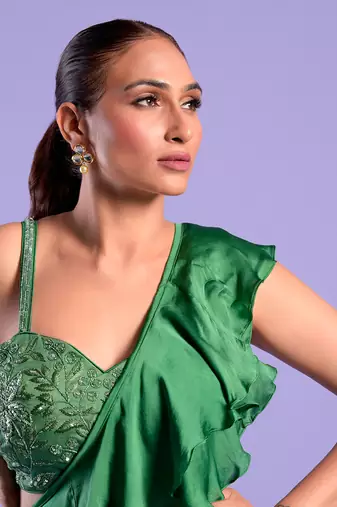 Green Draped Saree With Cutdana And Sequence Work