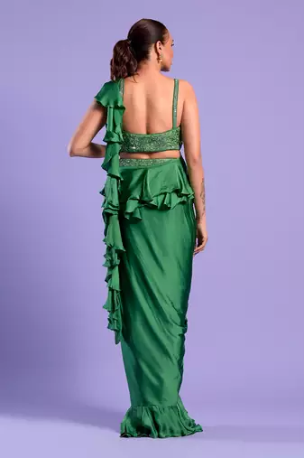 Green Draped Saree With Cutdana And Sequence Work