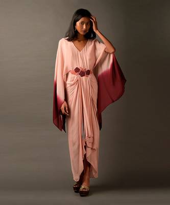 Pink Maroon Ombre Dress With Flower Embroidery On Front 1