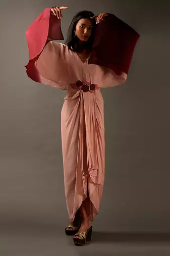 Pink Maroon Ombre Dress With Flower Embroidery On Front