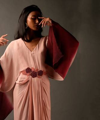 Pink Maroon Ombre Dress With Flower Embroidery On Front 3