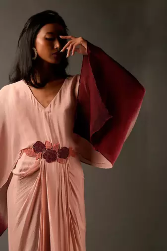 Pink Maroon Ombre Dress With Flower Embroidery On Front