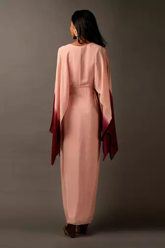 Pink Maroon Ombre Dress With Flower Embroidery On Front
