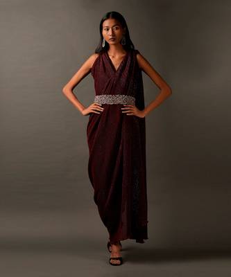 Maroon Sequin Embellished Dress With A Silver Embroidered Belt 1