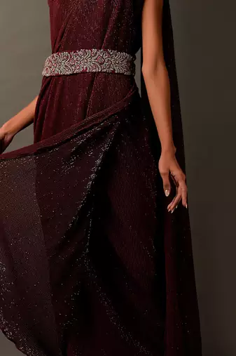 Maroon Sequin Embellished Dress With A Silver Embroidered Belt