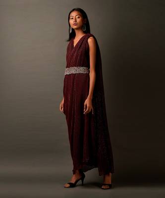Maroon Sequin Embellished Dress With A Silver Embroidered Belt 3
