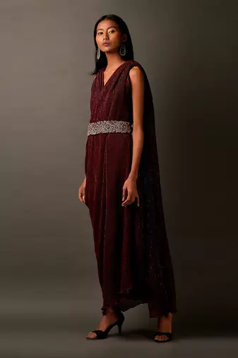 Maroon Sequin Embellished Dress With A Silver Embroidered Belt