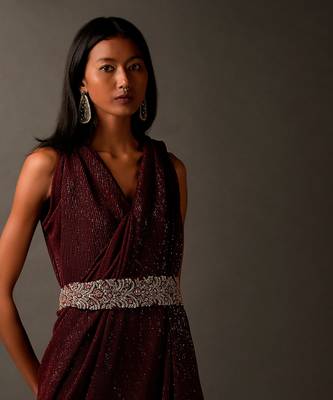 Maroon Sequin Embellished Dress With A Silver Embroidered Belt 4