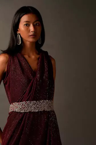 Maroon Sequin Embellished Dress With A Silver Embroidered Belt