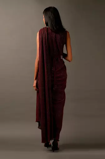 Maroon Sequin Embellished Dress With A Silver Embroidered Belt