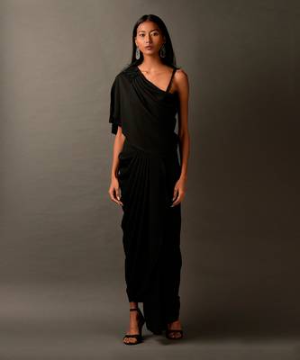 Embroidery On One Shoulder Black Draped Dress 1