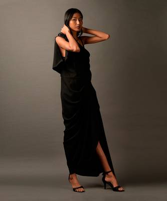 Embroidery On One Shoulder Black Draped Dress 4